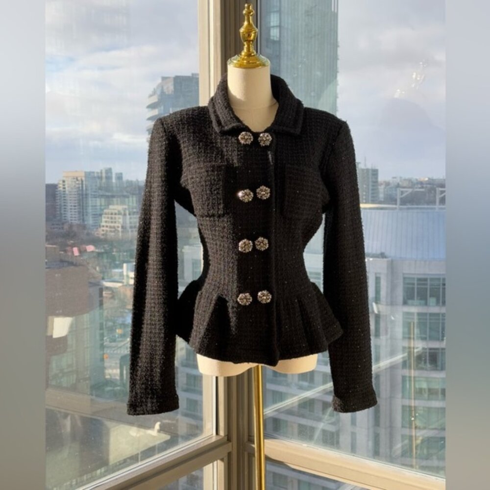 🆕 SELF PORTRAIT 🧿 NWOT Black Textured Peplum Knit Jacket - Sz Large - Picture 3 of 16